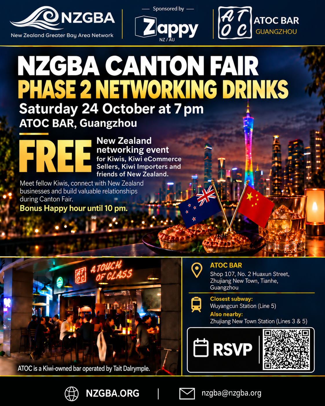 Updated NZGBA Canton Fair Phase 2 Networking Drinks poster with sponsor Zappy, 24 October 2026 at ATOC Bar, Guangzhou, directions and RSVP QR code.
